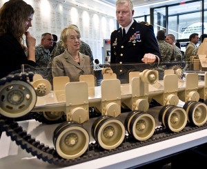 U.S. Army Maj. Gen. Galen Jackman briefs Senator Patty Murray, D-Washington, on specifics involved in the Army's Future Combat Systems Manned Ground Vehicle program during a Army birthday celebration on Capitol Hill in Washington D.C., June 10, 2008. Photo: D. Myles Cullen